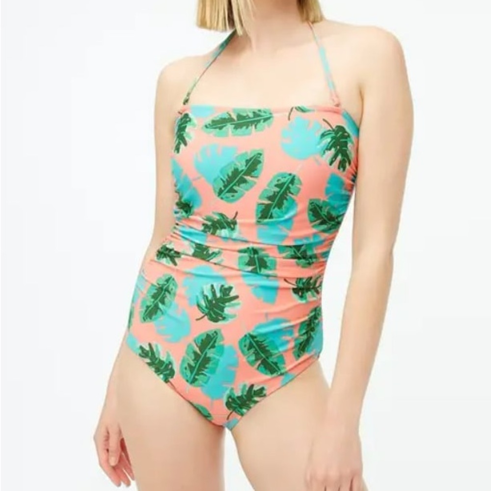 J.Crew Ruched Halter One-Piece Swimsuit Coral Green Leaf Print Size Medium